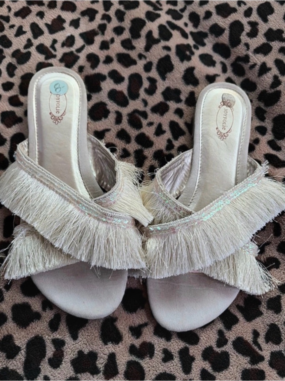 Joyfolie Cream Fringed Slide Mules